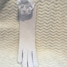 White Lace Opera Length Long Evening Gloves with Ruffle Cuff Formal Style