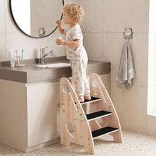 Toddler Step Stool, Wooden Height-Adjustable 3-Step Stool for Kids, Potty Traini