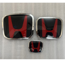 3pc Front Emblem Rear Steering Badge Black Red For 2016-2021 Honda Civic Sedan