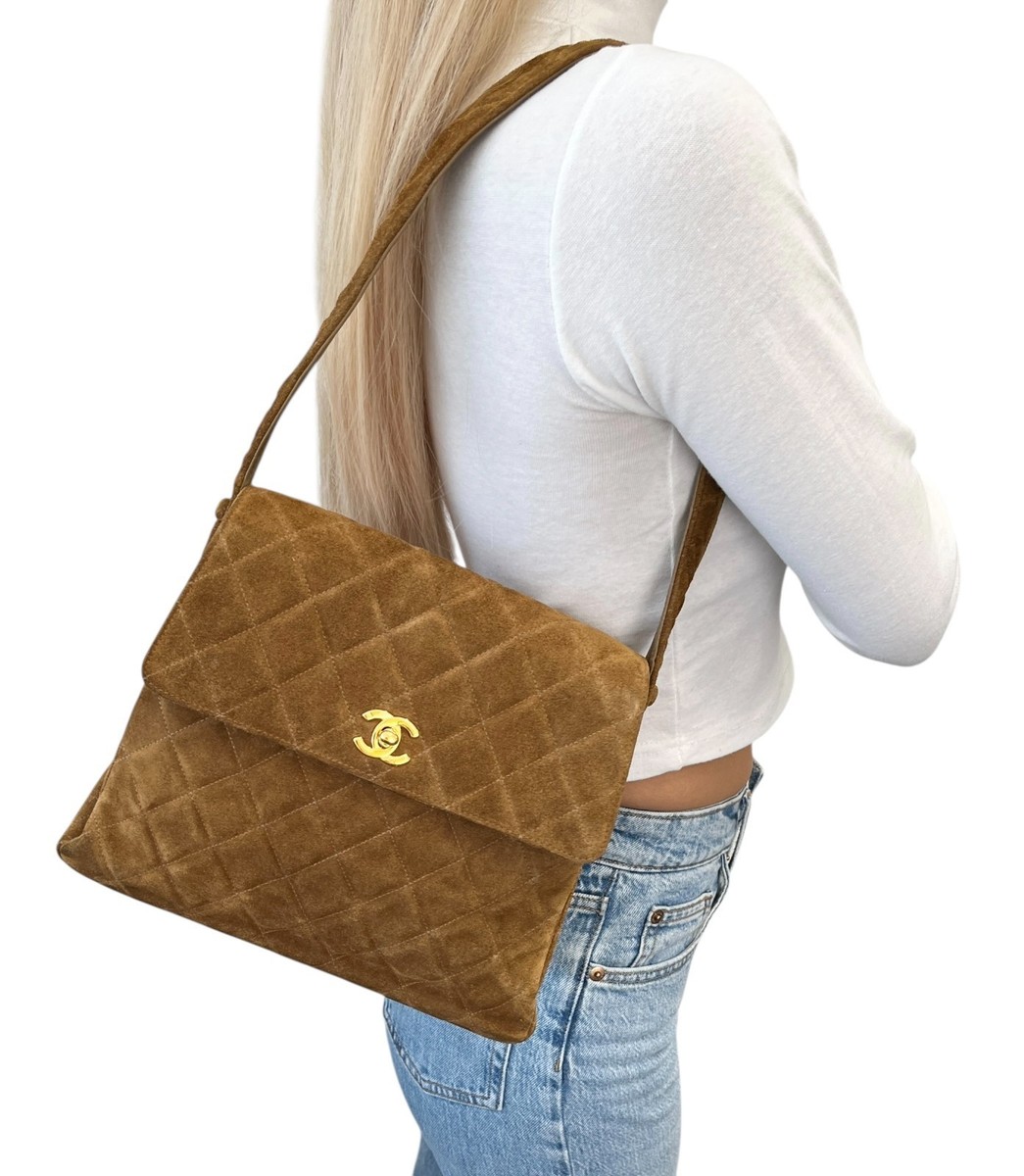 CHANEL Vintage CC Logo Turnlock Quilted Suede Flap Shoulder Bag