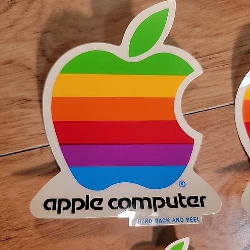 4 calcomanías adhesivas vintage de los años 80 Apple Macintosh logotipo de computadora arco iris originales - Imagen 2 de 5