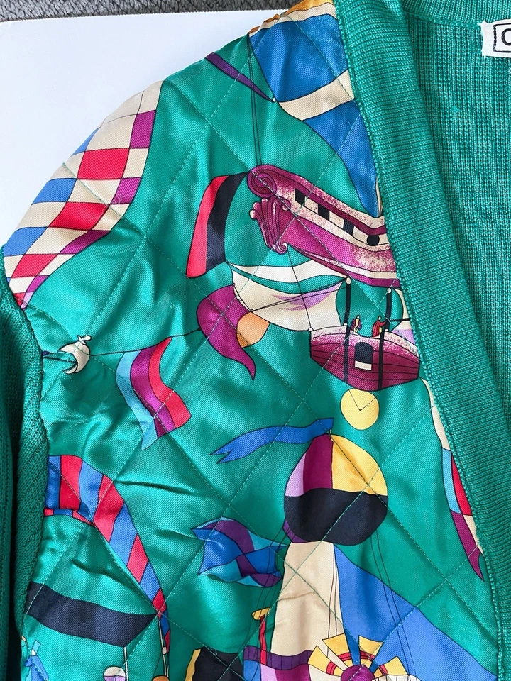 VTG 90s Carlisle Silk Green Hot Air Balloon Stitched Quilt Cardigan Sz L READ* - Image 3 of 4