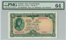 IRELAND 1 Pound 1957, P-57d (12-6-57), PMG 64 Choice UNC Uncirculated Rare Grade
