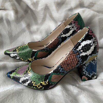 Multicoloured Faux Snakeskin Heeled Court Shoes UK