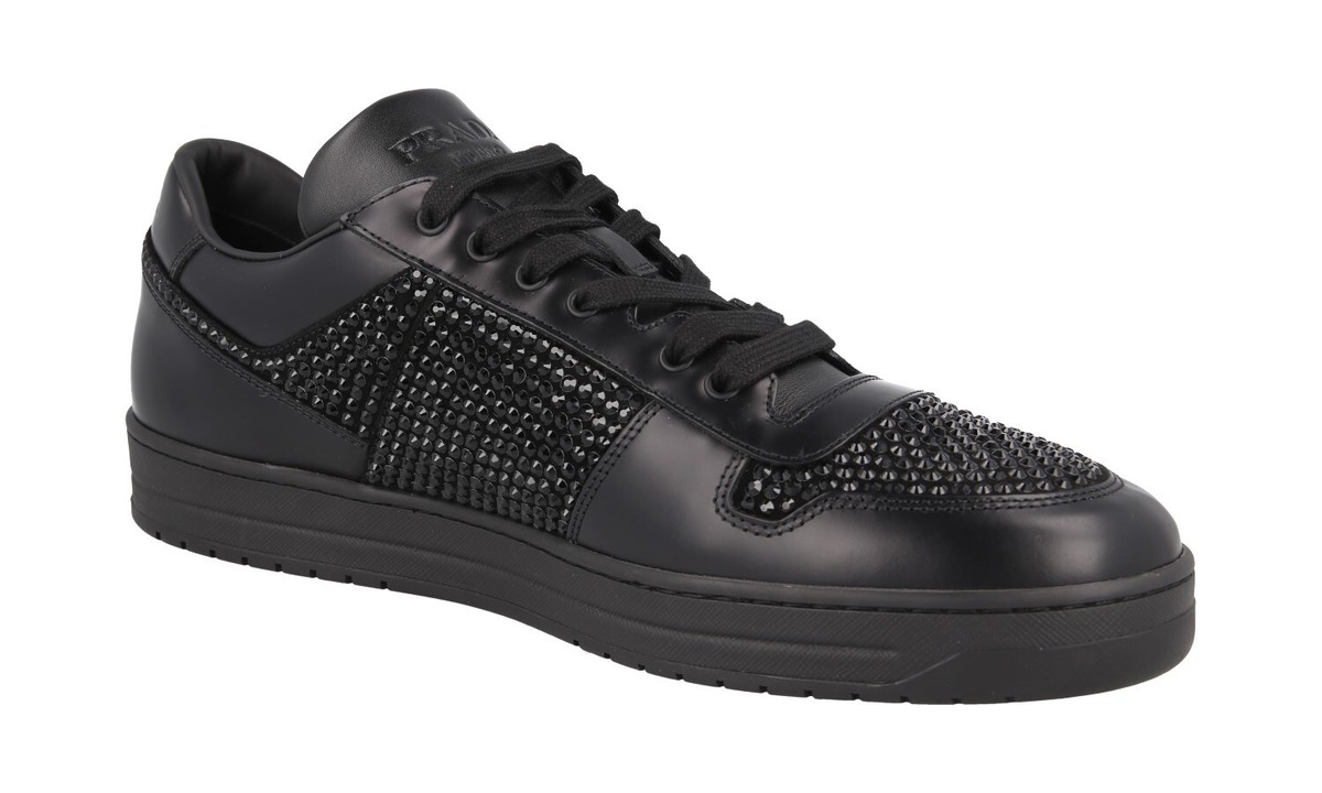靴 PRADA SPORT Emblem Leather Shoes Black PRADA TRAINERS SHOES 2EE393 BLACK LEATHER W RHINESTONES NEW 11,5