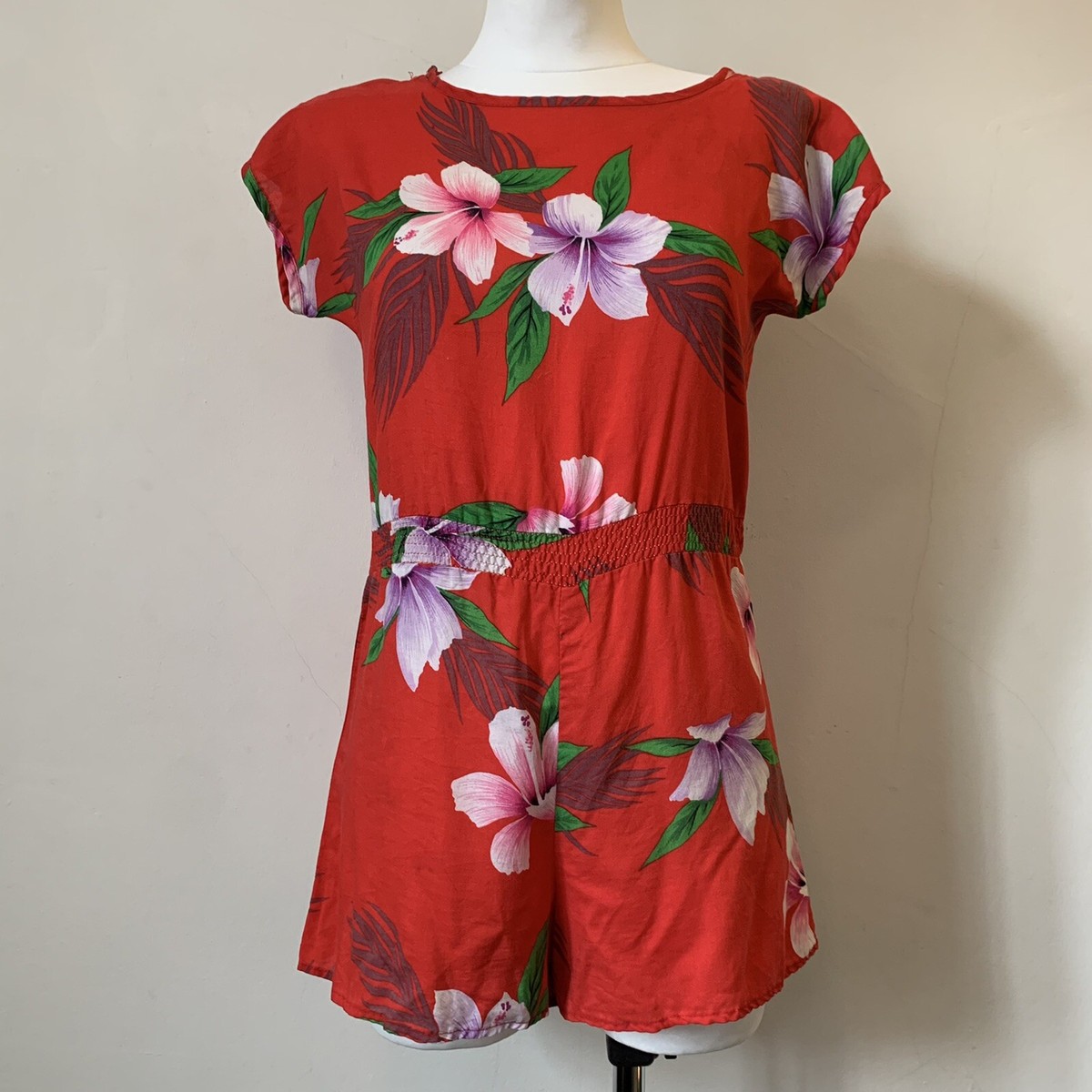 Vintage 1950s Hawaiian Hibiscus Print Red Cotton Romper Playsuit