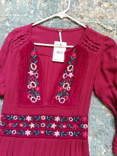NWT Free People Flora Embroidered Raspberry Magenta Dress Medium Women Midi - Picture 8 of 11
