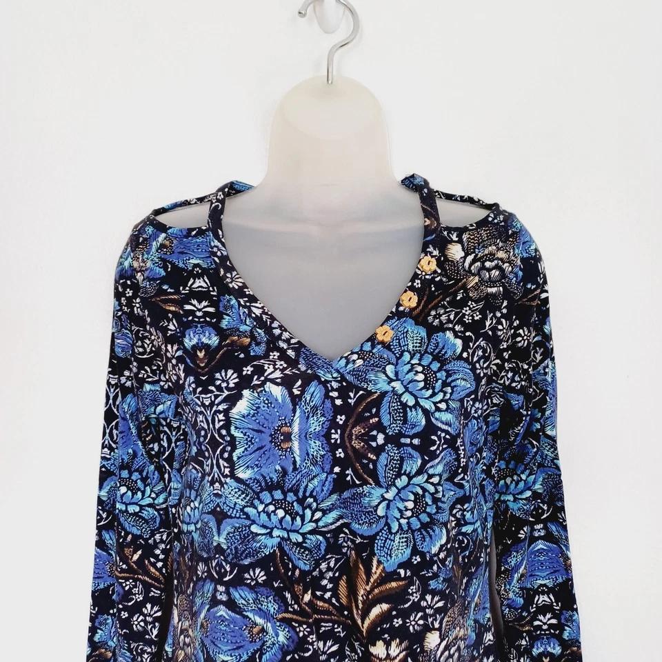 Joe Browns Top Size 8 Womens Blue Floral Cold Shoulder Asymetric Hem Boho Hippie - Image 2 of 4
