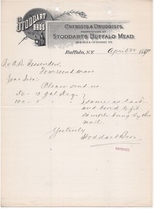 1889 STODDART BROTHERS CHEMISTS DRUGGISTS STODDART’S BUFFALO MEAD NY LETTERHEAD