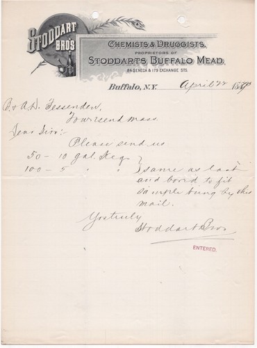 1889 STODDART BROTHERS CHEMISTS DRUGGISTS STODDART’S BUFFALO MEAD NY LETTERHEAD