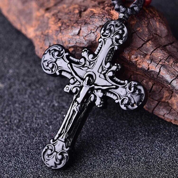 Obsidian Cross Pendant Natural Talismans Black Necklace Jesus Gemstones Jewelry