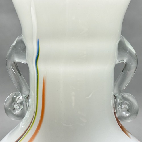 Vintage Hand Blown White Glass Urn Vase With Clear Handles, Abstract Details - Picture 5 of 8