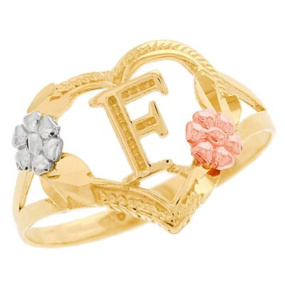 JackAni 10k oder 14k Multi-Tone Gold Schillernd Floral Buchstabe Initiale F Herz Ring