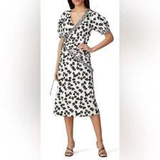NWT Love Whit Floral Midi Black and White Wrap Dress with Puffy Sleeves - S