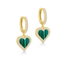 Heart Malachite CZ Hoop Drop Earrings Sterling Silver Gold Plated