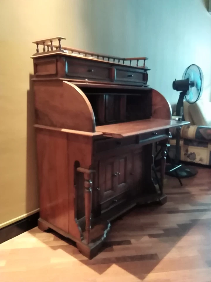  Teak roll top desk with multiple drawers, pigeon holes inside and shelves above - Image 3 of 3