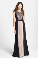 JS Collections Lace & Pleat Panel Crepe Black pink Size 4 Gown Dress New
