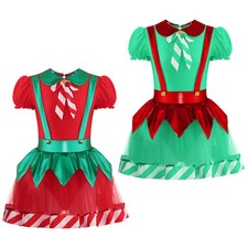 Kids Girls Skirt Puff Sleeve Leotard Ice Skating Dress Xmas Hollow Back Dance