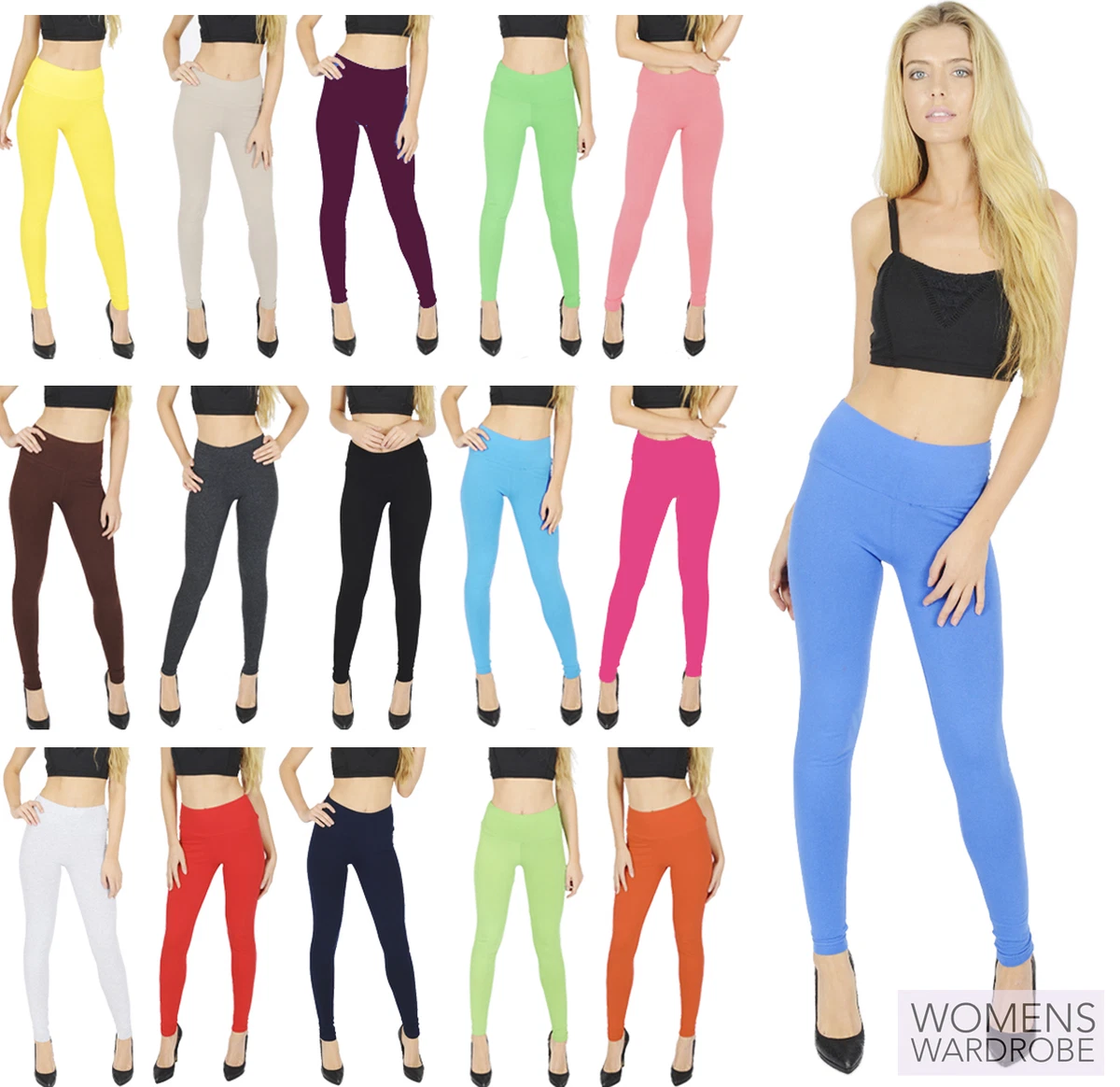 Womens Full Length High Waisted Leggings 100% Genuine Cotton - All