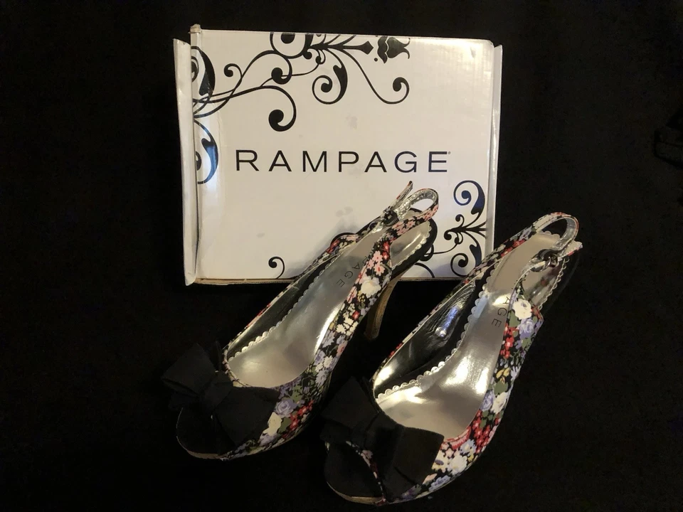 Rampage Black Floral Cork Heel Peep Toe Stiletto Shoes ~ Size 9 1/2 M - Image 2 of 4