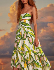 NWT $248 Farm Rio Summer Foliage Strapless Cutout Linen Midi Dress XL