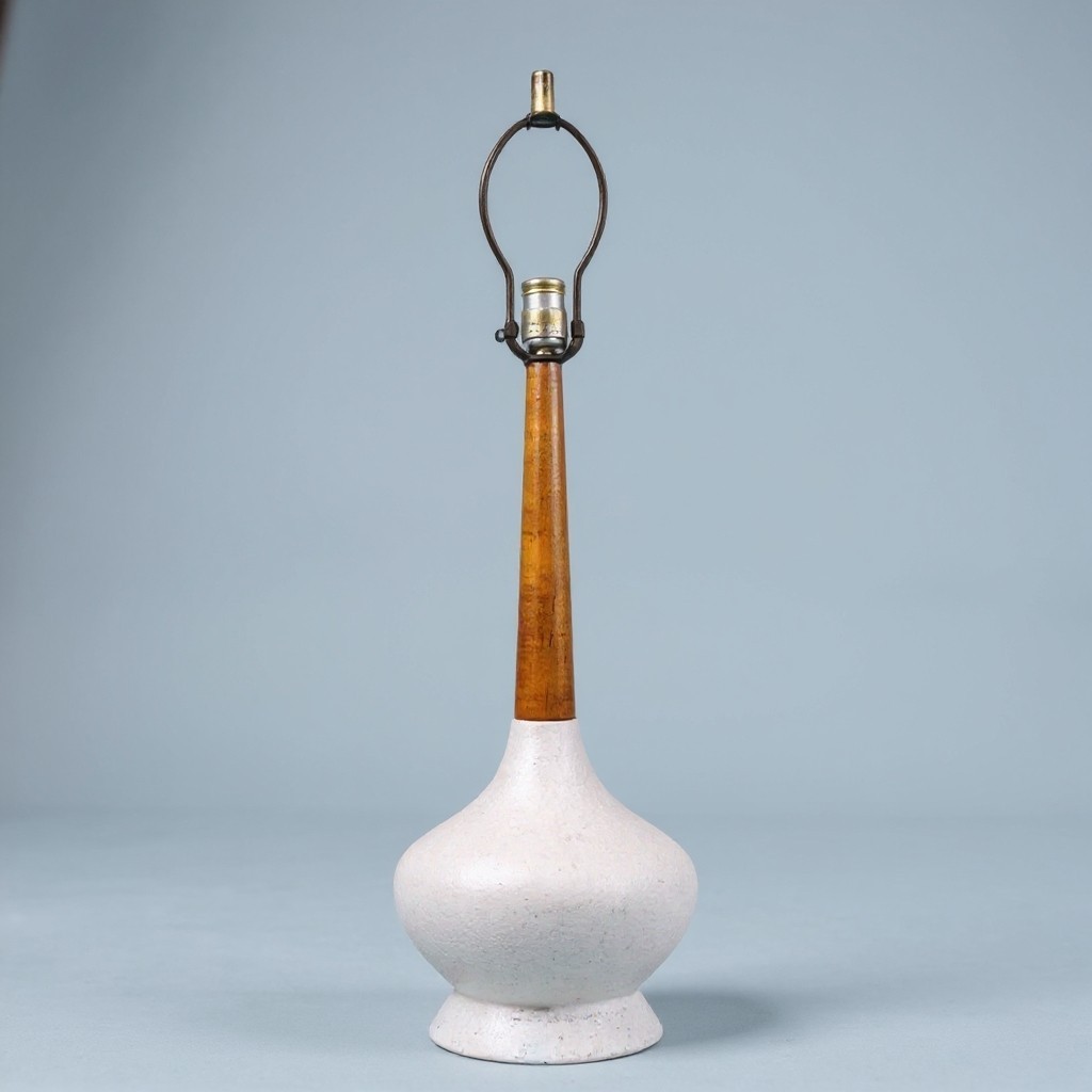 60s Teak Wood White Textured Ceramic Table Lamp 24