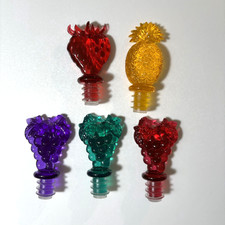 Set of 5 Lucite 3-D Bottle Stoppers Colorful Fruit Pineapple Strawberry 3 Grapes
