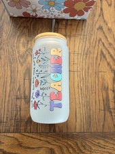 Teacher Appreciation Frosted Glass Tumbler 16 oz with Wood Lid Metal Straw NEW