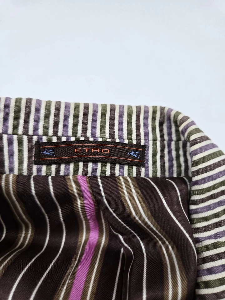 Blazer Etro Hombre 50 Verde Rayas Algodón Elástico Abrigo Deportivo Forrado Italia Seersucker Foto 4 de 4