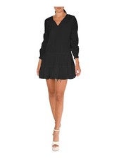 NICOLE MILLER Womens Mini Dress Black Long Sleeve Split Tie At Neck Lined S