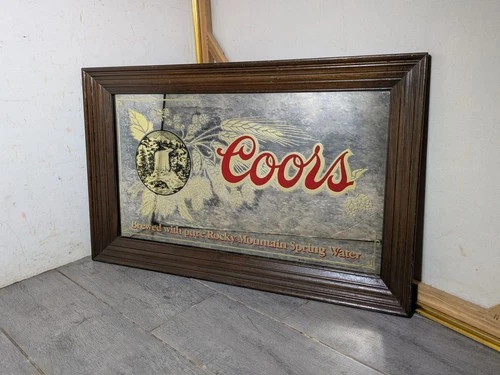 Vintage 1980 Coors Beer Mirror Bar Sign Wood Frame Wall Man Cave Pub Decor