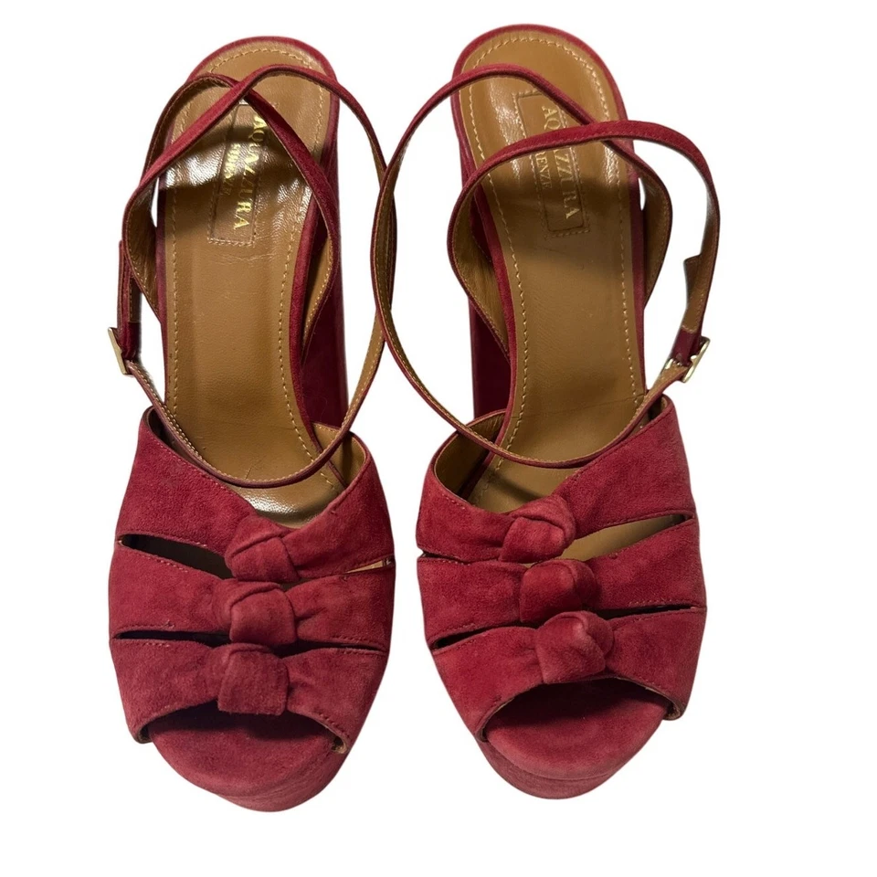 Sandalias Aquazzura Mira rojas de gamuza con plataforma de tacón 37,5/7,5 bloques con tira trasera Foto 4 de 4
