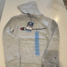 Champion Fleece Pullover Hoodie Gray S 6/7 Unisex Kids Long Sleeve Logo