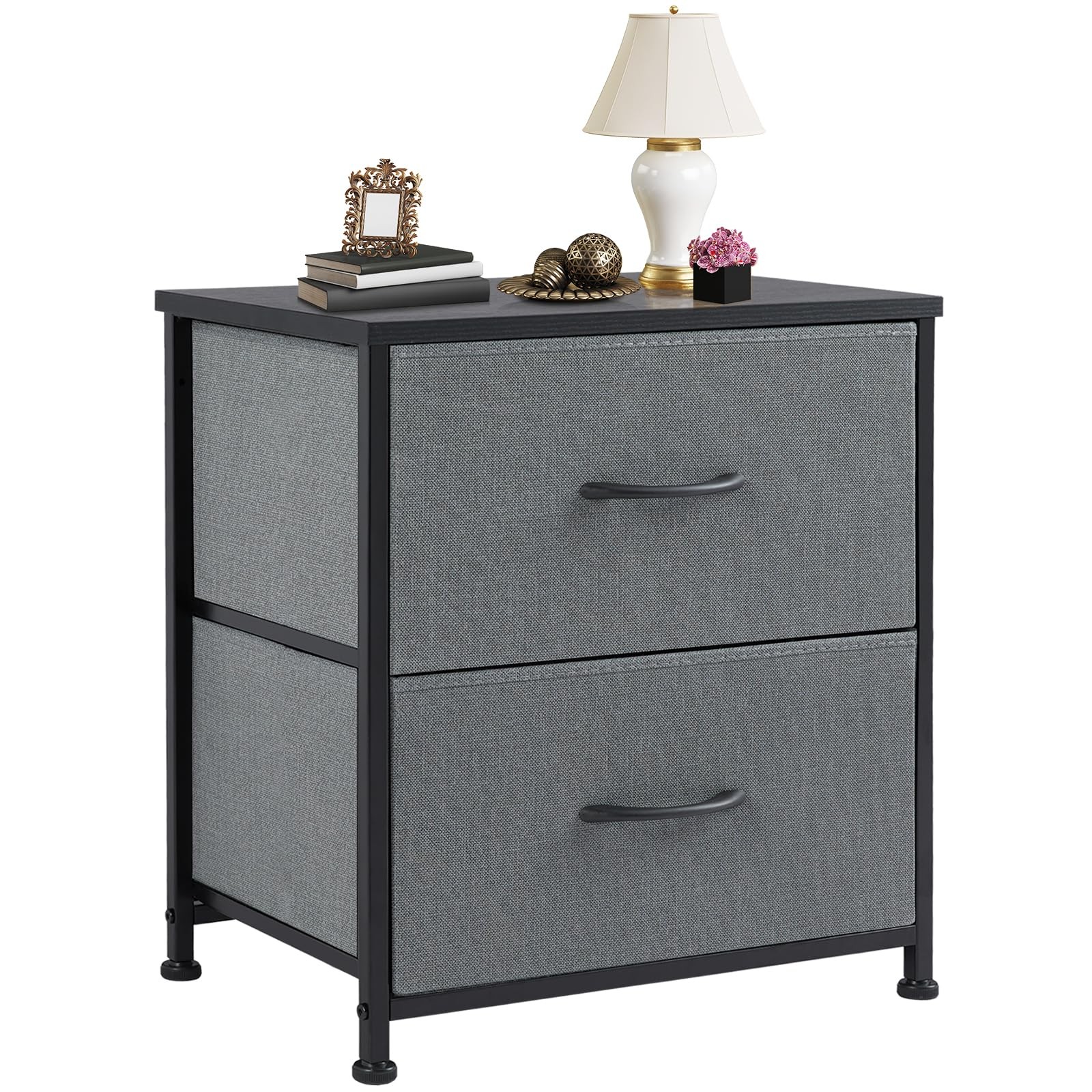 Small Grey Nightstand 20 Inch Tall with 2 Fabric Drawers Bedside Storage Table