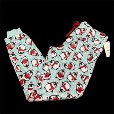 Sleep Pajama Pants Small 4-6 Women Cuffed Green W Penguins-Holidays NWT