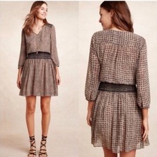 Anthropologie Vanessa Virginia Callista Smocked Drop Waist Tan Dress Size Large