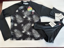 Hurley Girls' Long Sleeve Rash Guard Shirt 2-Piece Swimsuit Size 10 Black Sail