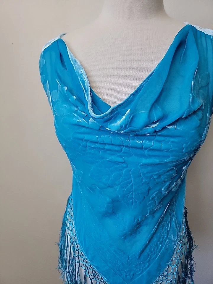 Burnt 天鹅绒丝绸背心中号蓝色条纹节日仙女嬉皮适合 XS 码 — 第 3/4 张图片