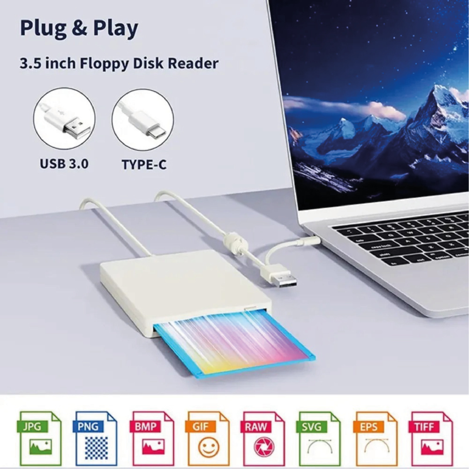 Lecteur disquette 3.5" blanc pour récupérer vos fichiers sur PC et Mac