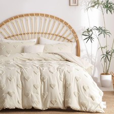 Bildenly Tufted Comforter Set Queen Size Beige Heart Tufted Comforter Boho He...