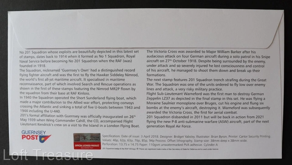 Guernsey Stamps: "RAF - 100th Anniversary - 201 Squadron" First Day Cover 2018 - Image 3 of 3