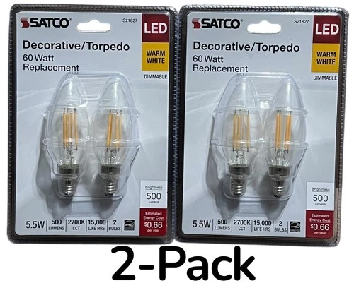 Satco S21827 LED Torpedo Filament 120V 5.5w=60W B11 Candelabra E12 ( 2-2 Packs ) - Picture 1 of 4
