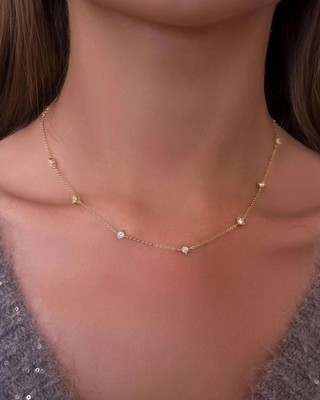 Round Cut Natural Diamond Station Necklace 14K Yellow Gold For Your Loved Once