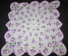 Vintage Hankie Purple Rose Floral Galore White Backdrop Scalloped