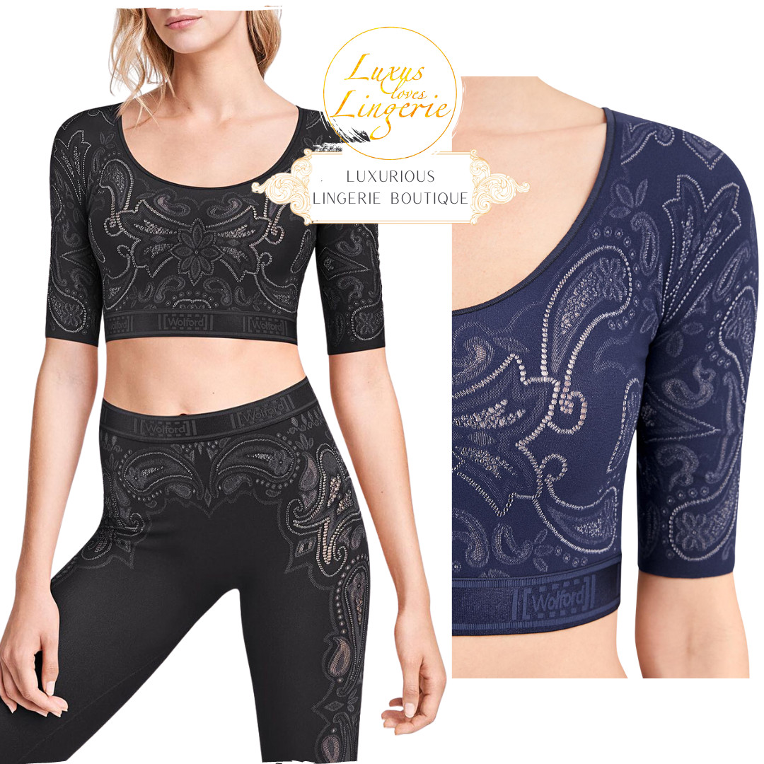 Om Crop Top by Wolford Medium Black Ash Elegant Floral Sport Yoga Shirt