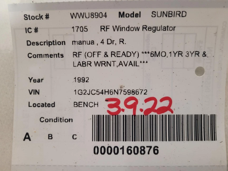 Used Front Right Door Window Regulator Front fits: 1992 Pontiac Sunbird manual 4 - Изображение 3 из 4