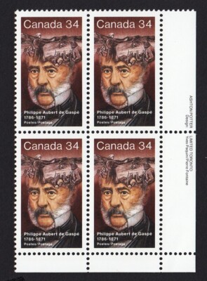 Canada 1986 #1090 = PHILIPPE AUBERT DE GASPE = MNH LR Block of 4