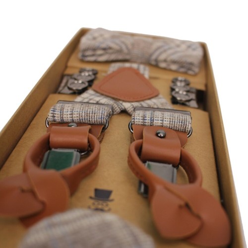 Prince Bowtie Herren Hosenträger Fliege Einstecktuch Set beige blau kariert Set5 - Picture 4 of 4