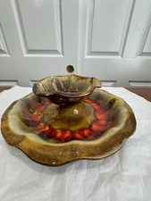 Vintage MCM California Pottery USA Calif Chip & Dip Set Brown, Yellow & Red