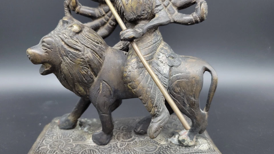 Vintage Indian Bronze statue of Shiva Durga riding on Lion, 6 1/2" tall - Image 3 of 4